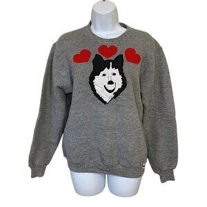Vintage Russell Athletic Womens Small Sweatshirt Husky Dog Gray 90s USA Hearts